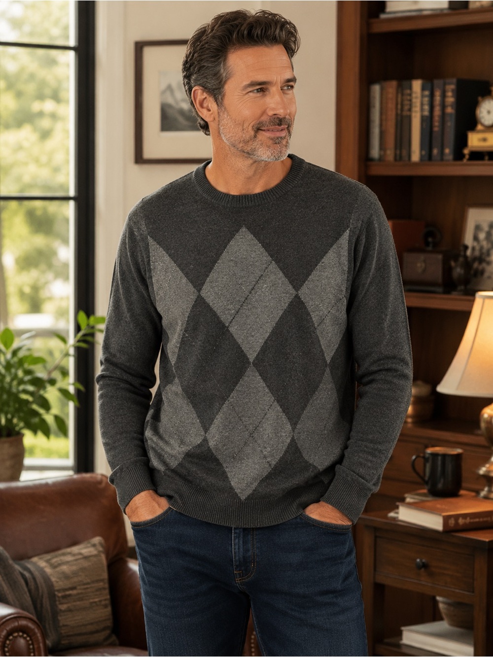Dockers Argyle Crewneck Sweater Gray Charcoal XL 100% Acrylic Classic Knit
